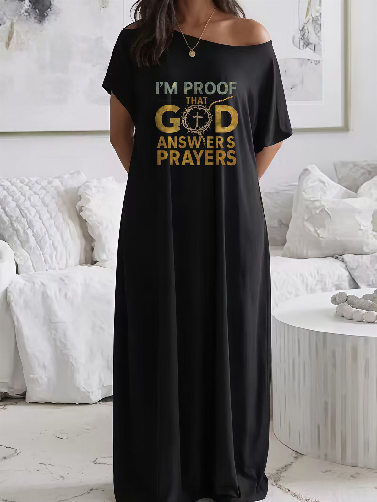 Graphic Print Maxi Dress Women "I'm Proof That God Answers Prayers" Crew Neck Short Sleeve Loose Dress with Pocket | Spring Summer