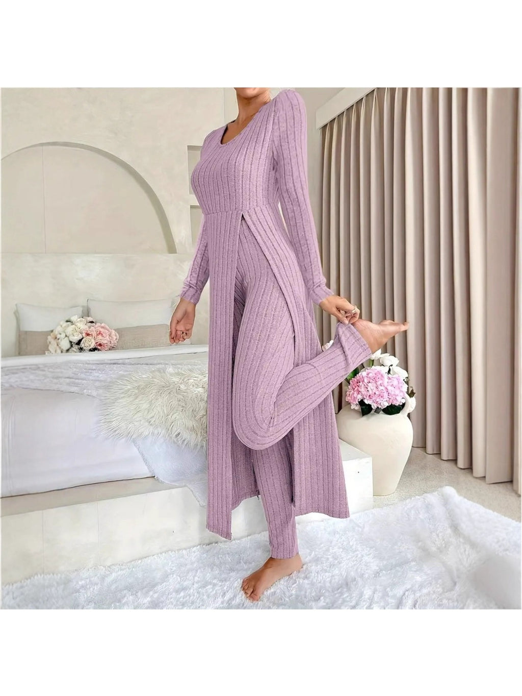 Heavyweight Fleece Lounge Set Women Oversized Long Sleeve Wide-Leg Pants Cozy Winter Two-Piece Ribbed Minimalist S-XL