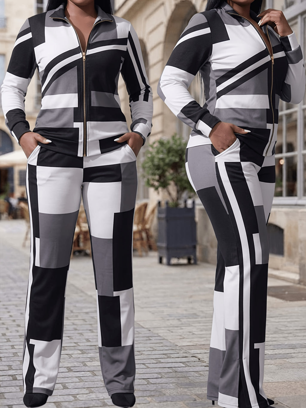2 Piece Tracksuit Set Women Zip-Up Pattern Print Long Sleeve Top High Waist Skinny Jogger Pants Sweatsuit S-XXL
