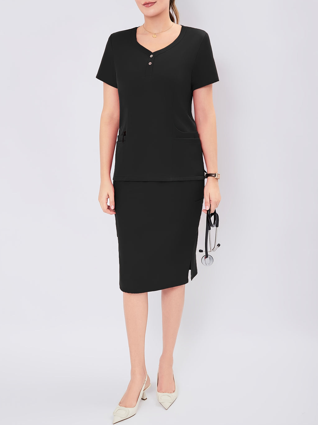 Women's V-Neck Scrub Set Short Sleeve Medical Uniform Beauty Salon Polyester Solid Color Top & Skirt with Pockets