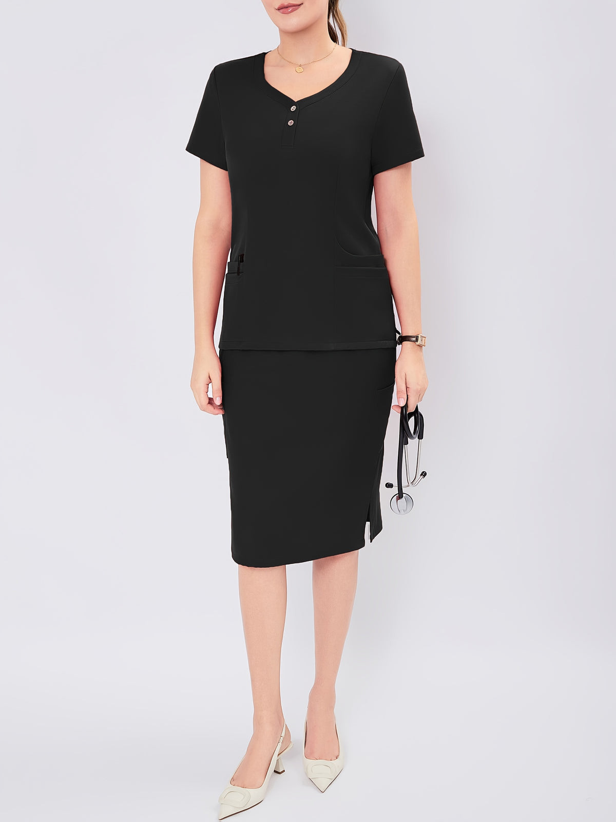 Women's V-Neck Scrub Set Short Sleeve Medical Uniform Beauty Salon Polyester Solid Color Top & Skirt with Pockets