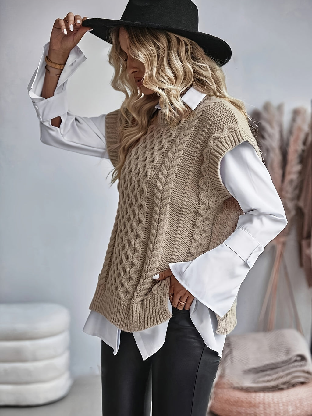 Cable Knit Sweater Vest Women Sleeveless Round Neck Slit Hem Solid Color Layering Top - Casual Semi-Formal Acrylic Knitwear Spring Summer Fall