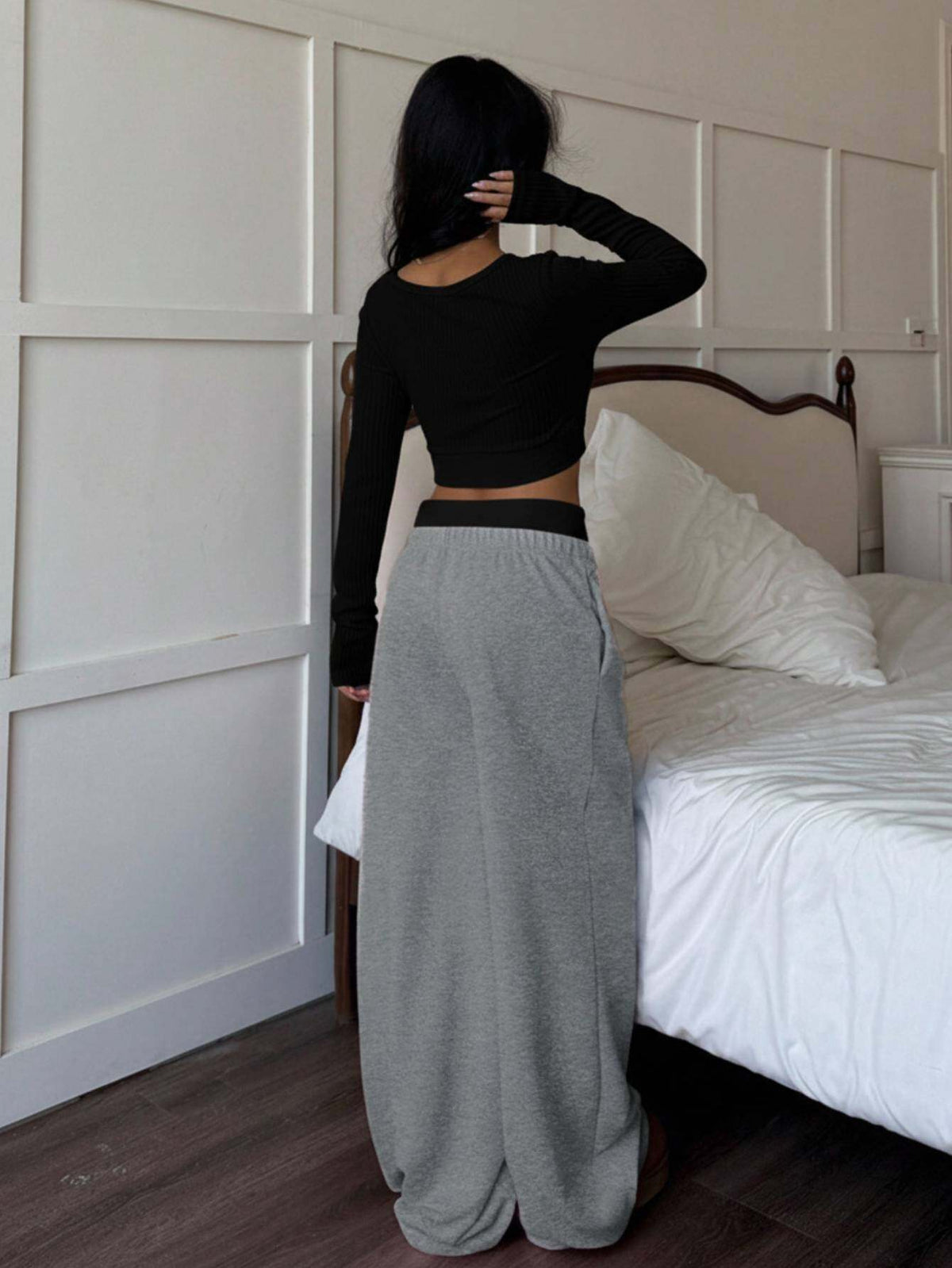 Cropped Long Sleeve Top and Wide Leg Pants 2 Piece Set for Women – White and Gray Casual Lounge Outfit, Fall Winter, Sizes S-XXL