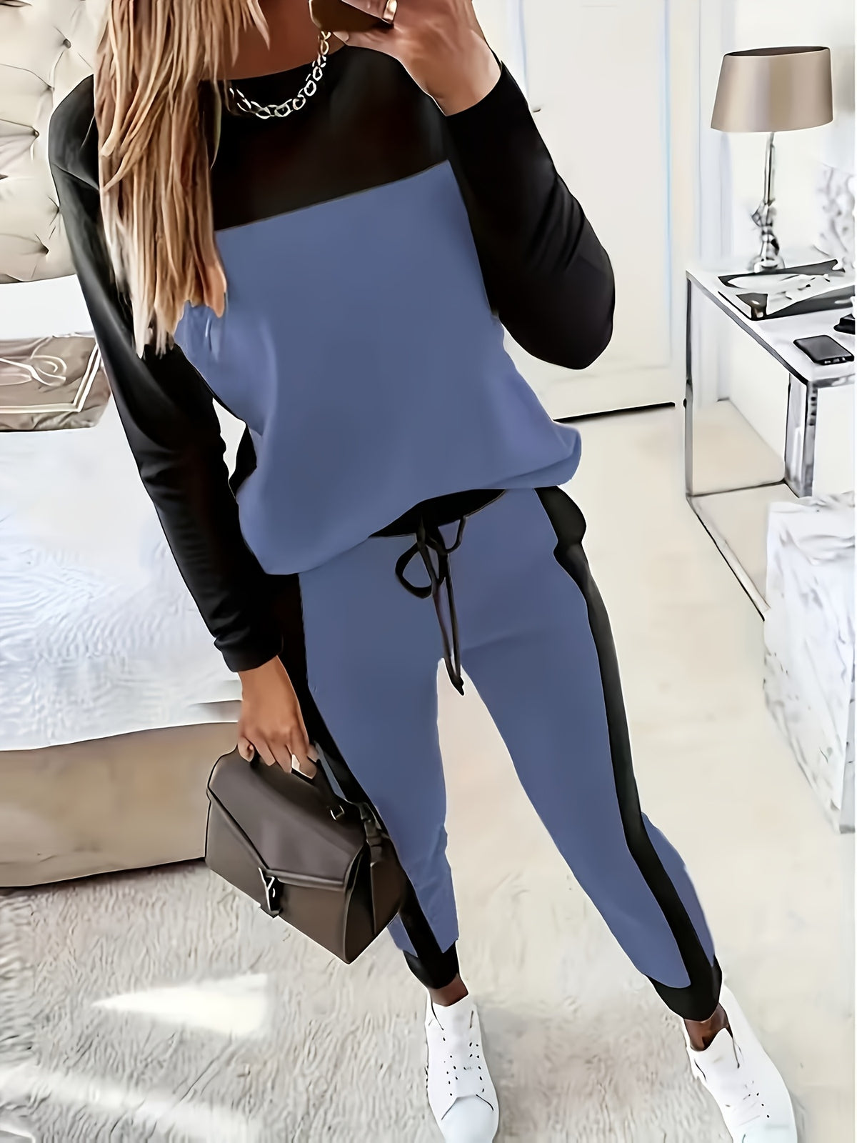 Color Block 2 Piece Set Women Round Neck Long Sleeve Top and Pants Casual Matching Outfit - Soft Stretch Fall Winter Co-ord