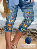 Butterfly Print Shorts Women Stretch Mid-Length Royal Blue Spring Summer Beach Casual Vacation S-XXL