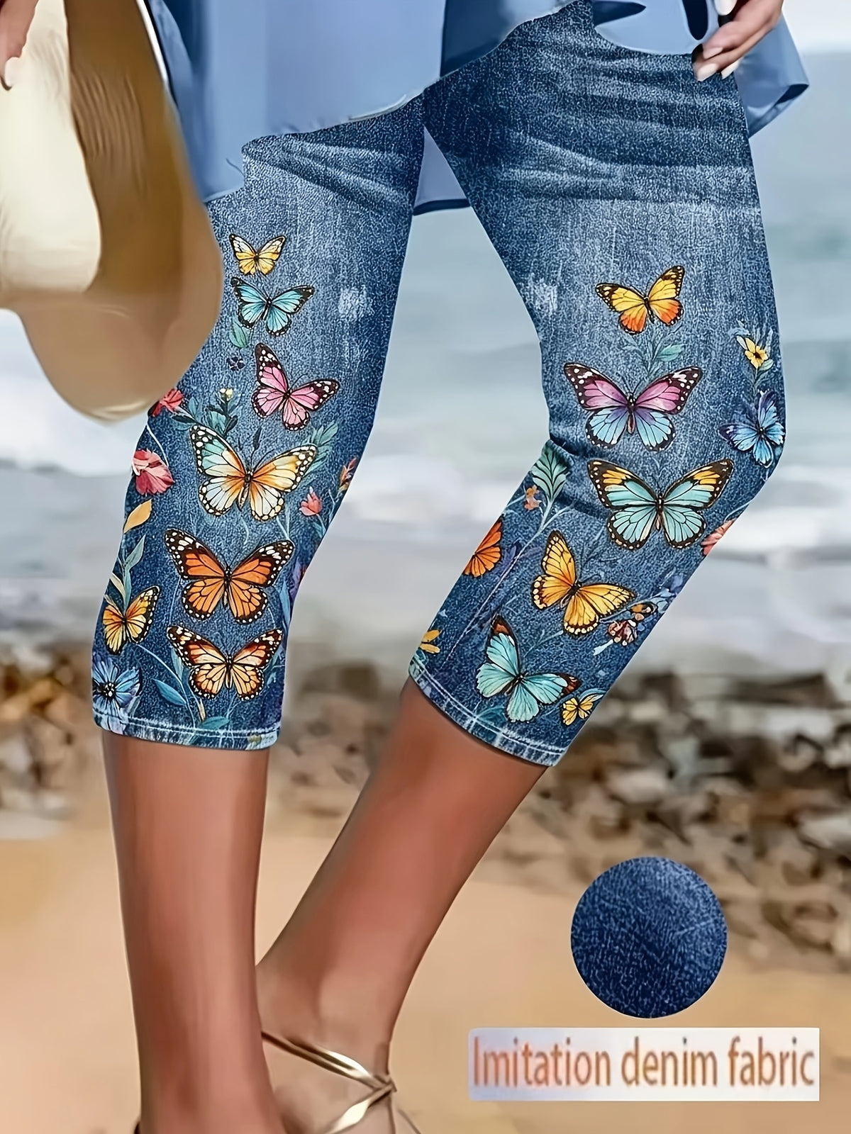 Butterfly Print Shorts Women Stretch Mid-Length Royal Blue Spring Summer Beach Casual Vacation S-XXL