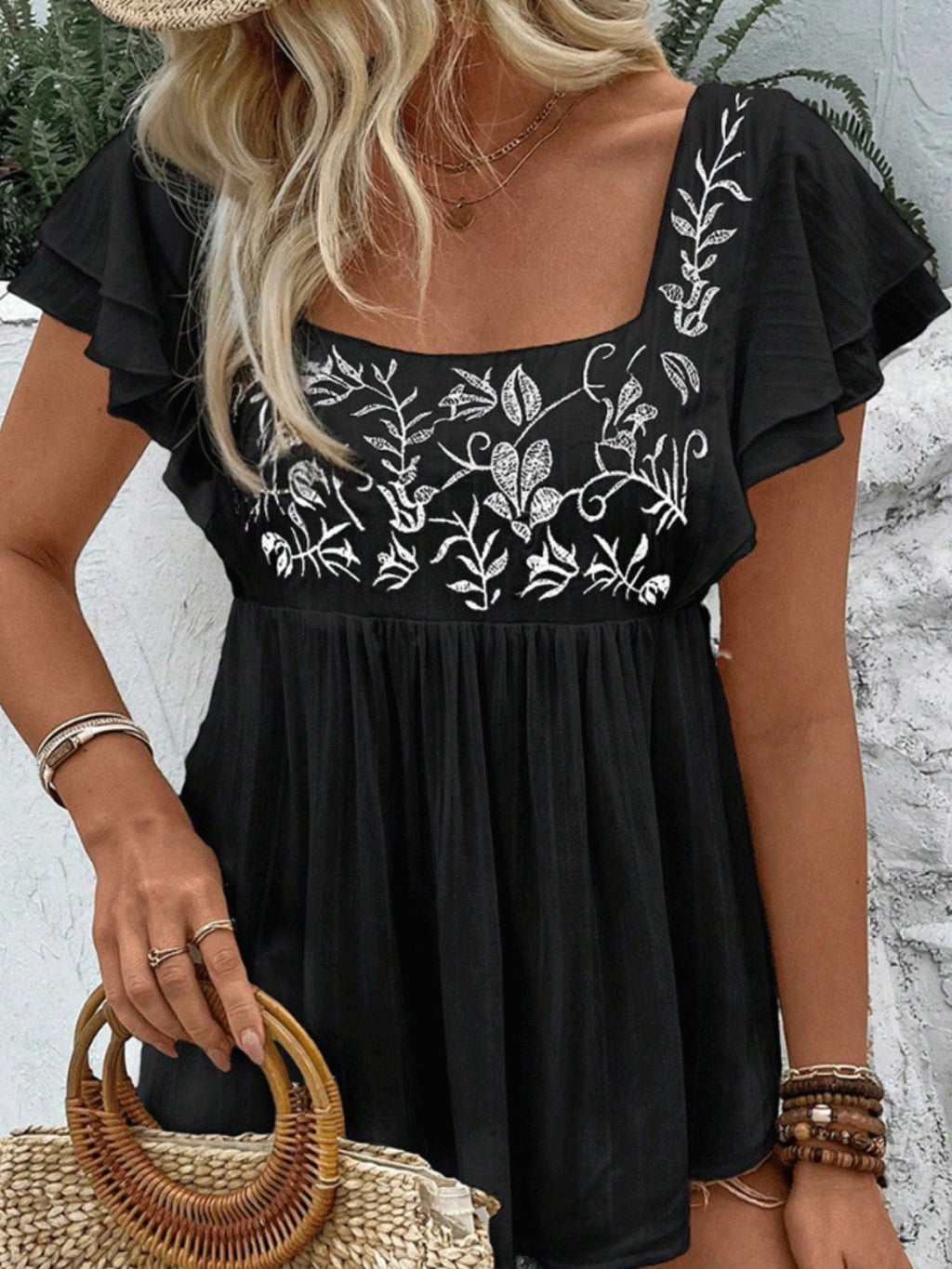 Embroidered Blouse Women Square Neck Lace Short Sleeve Ruffle Boho Floral Babydoll Loose Fit Casual Elegant Top S M L XL XXL