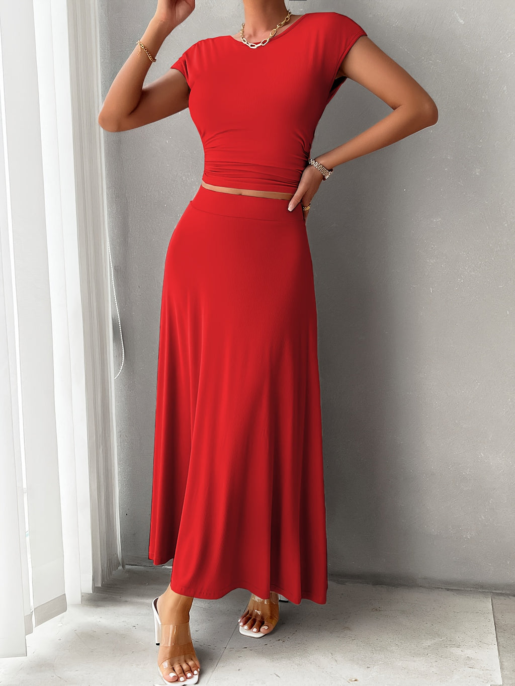 Women's 2pcs Lounge Set Crew Neck Short Sleeve Crop Top & Elastic Waist Maxi Skirt Soft Stretch Casual Summer Vacation Matching Outfit