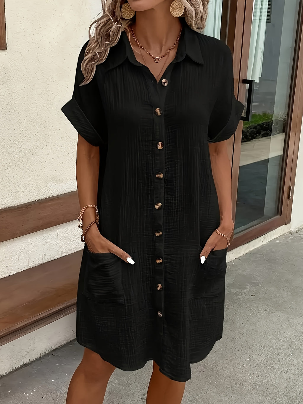V-Neck Button Shirt Dress Women Short Sleeve Casual All-Season Lightweight Collar Dress