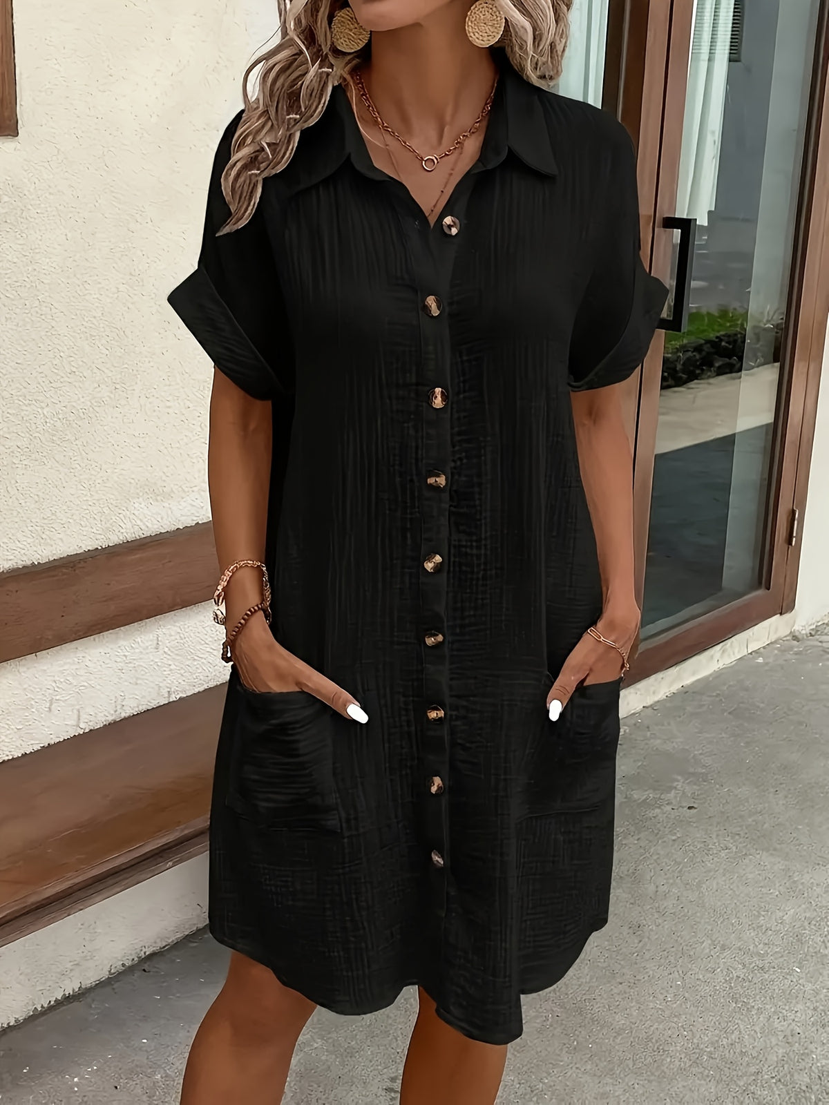 V-Neck Button Shirt Dress Women Short Sleeve Casual All-Season Lightweight Collar Dress