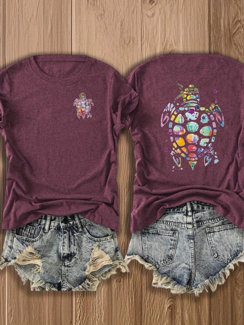 Tribal Turtle Print T-Shirt Women Colorful Artistic Double-Sided Graphic Tee Casual Beach Summer Top Nature Lover Gift S-XXL