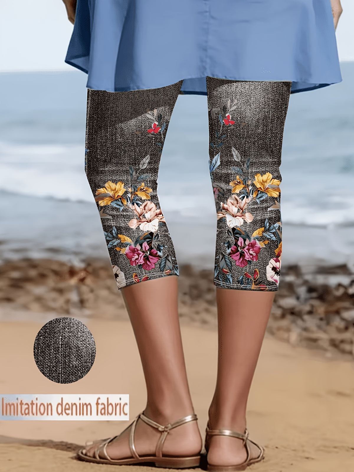 Faux Denim Print Capri Leggings for Women – Imitation Denim Floral Pattern 3/4 Length, Mid-Stretch Knit, Elegant Party Vacation Commute, 5 Colors S-XXL