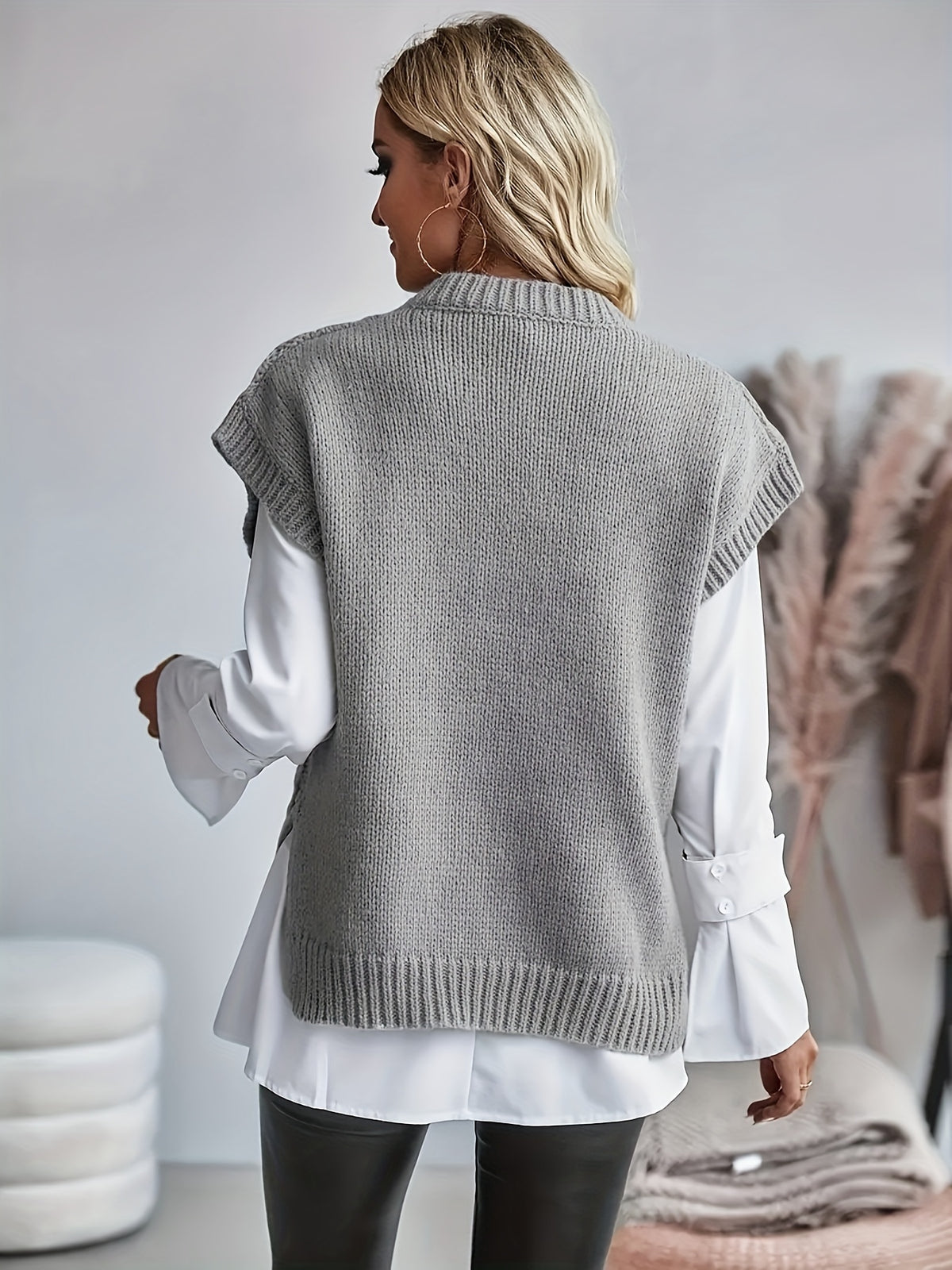 Cable Knit Sweater Vest Women Sleeveless Round Neck Slit Hem Solid Color Layering Top - Casual Semi-Formal Acrylic Knitwear Spring Summer Fall