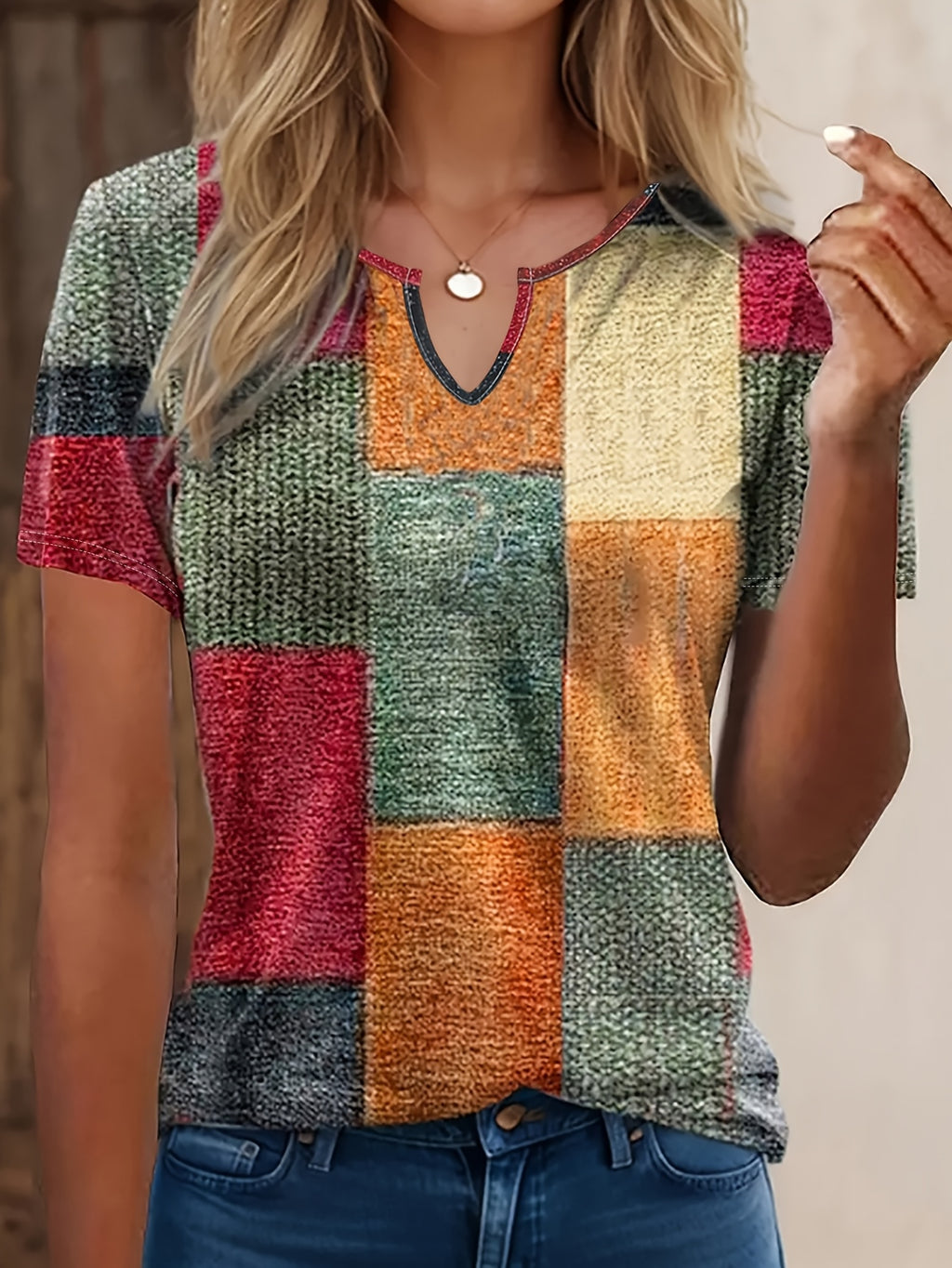Plaid Print V-Neck T-Shirt Women Short Sleeve 180g Knit Micro Stretch Machine Washable Casual Spring Summer Tee Fashion Top S-XXL