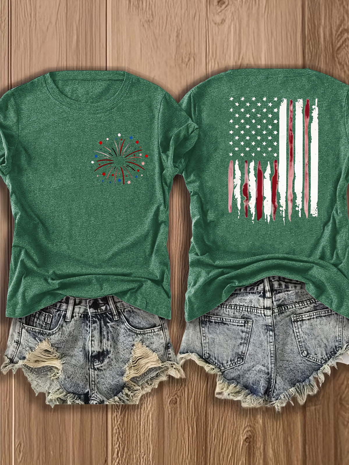 American Flag Print T-Shirt Women Patriotic Graphic Tee Short Sleeve Crew Neck | Fireworks USA Print Lightweight Breathable Top for 4th of July Summer Daily Wear