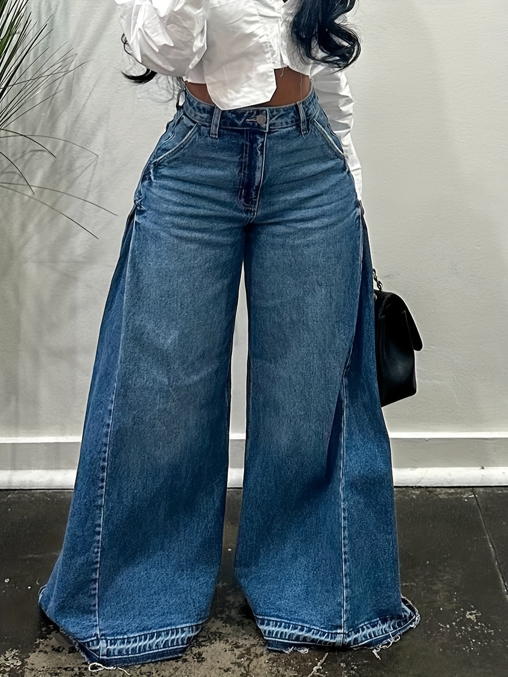Wide Leg Jeans Women High Waist Flared Denim Pants Baggy Loose Fit Frayed Raw Hem Casual Streetwear All-Season S-XXL