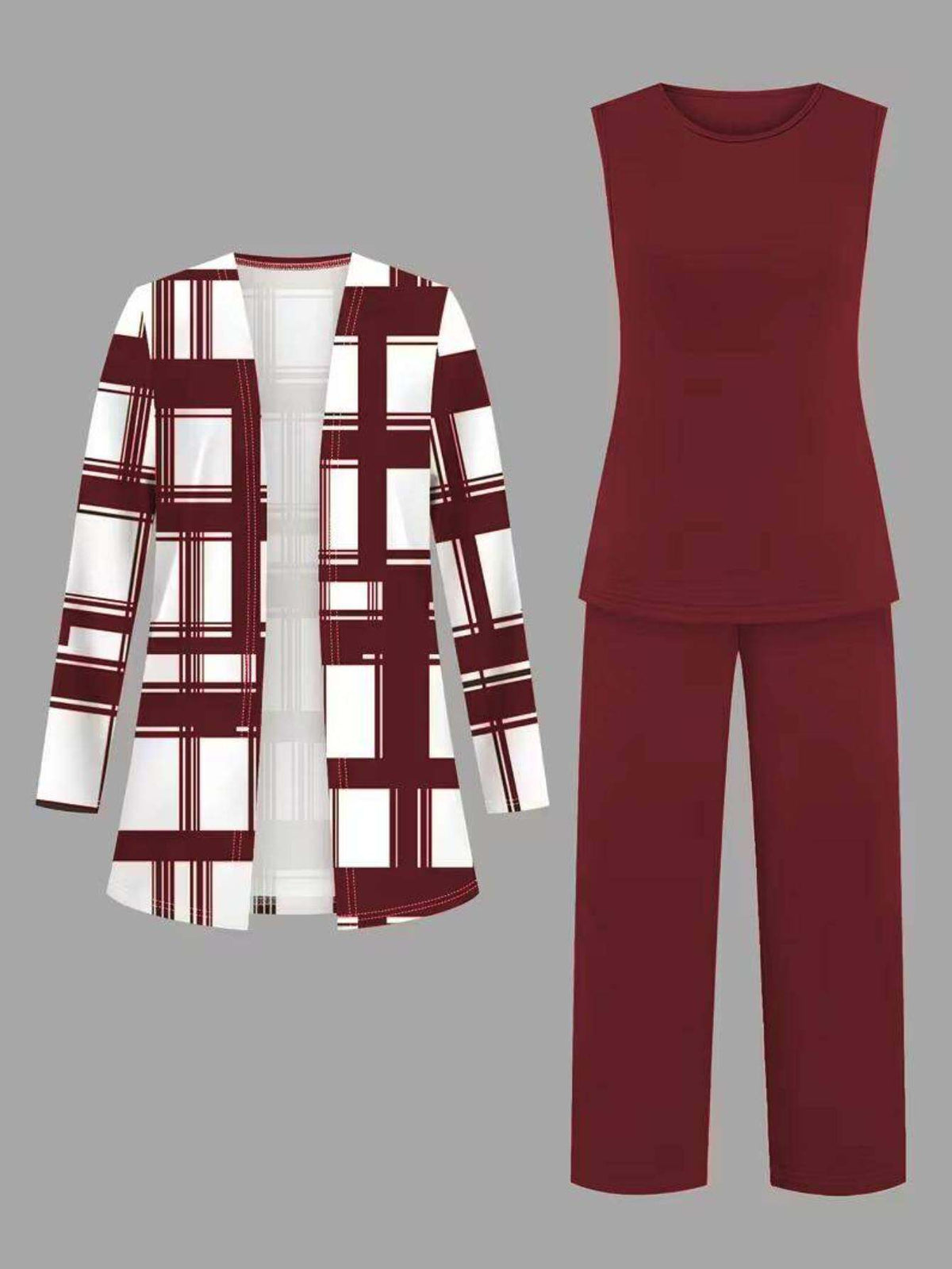 Women's 3pcs Plaid Cardigan Top & Wide-Leg Pants Set Vintage Elegant Commuting Outfit XXL