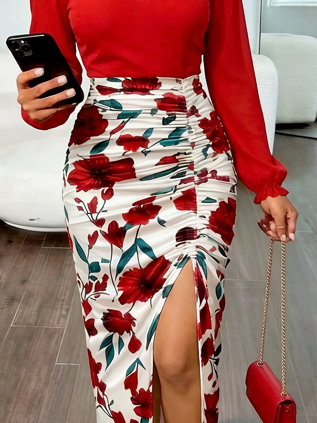 Floral Print Splicing Dress for Women Long Sleeve Drawstring Waist V-Neck Elegant Spring Fall Casual Midi Dress Stretchy Comfortable