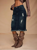 Women Ripped Denim Bodycon Skirt Frayed Hem Pockets Mid Waist Knee Length Vintage Retro Style Spring Summer Fall