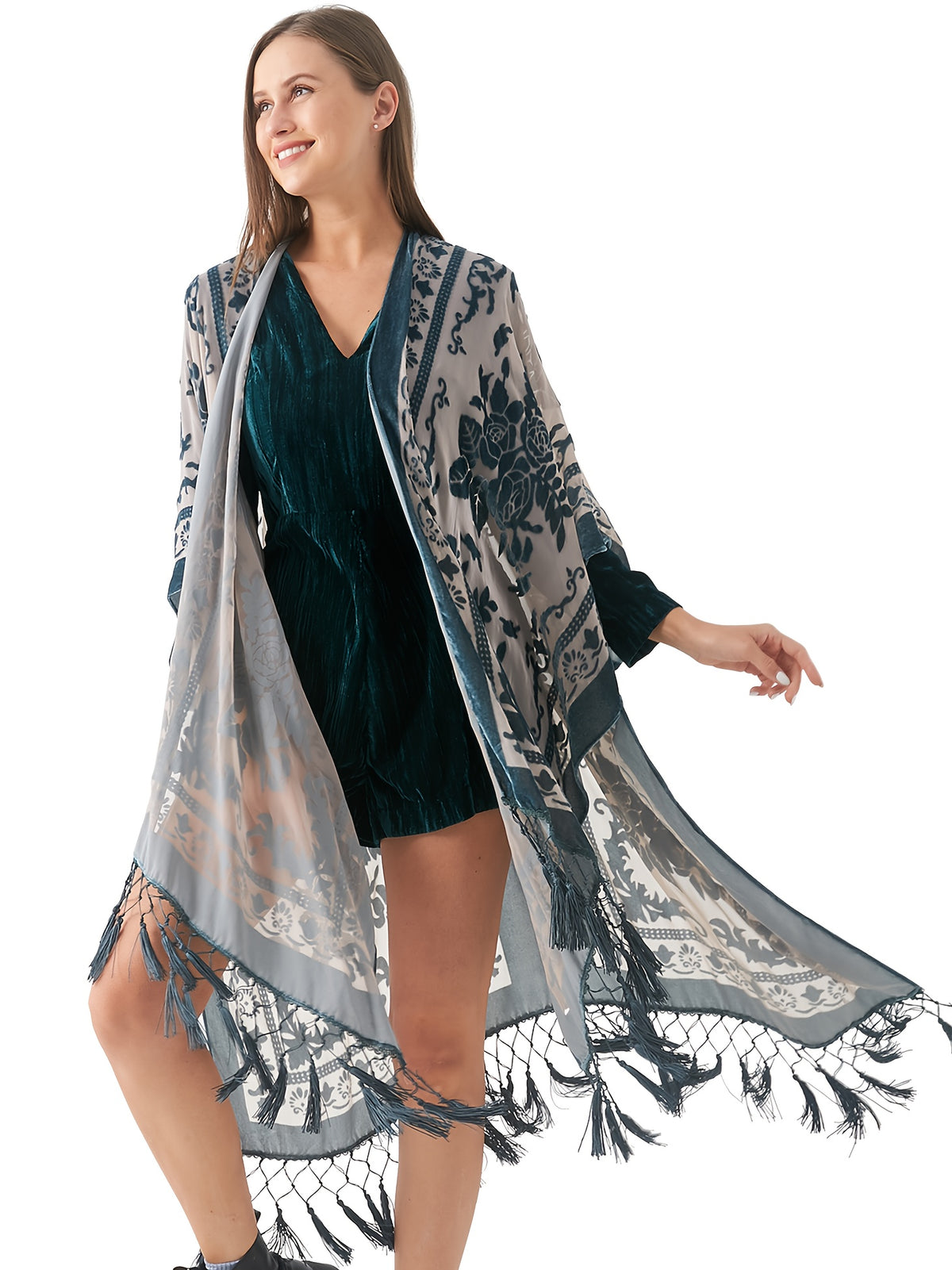 Boho Burnout Velvet Kimono Women Long Cardigan Cover Up Tassel Floral Embroidered One Size