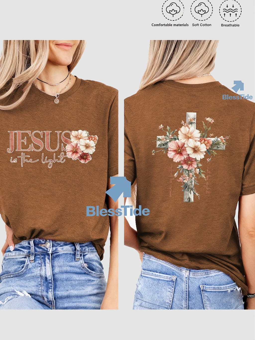 Jesus Floral Cross Double-Sided Print T-Shirt for Women - Faith Inspired Crew Neck Casual Christian Tee Summer Trendy Graphic Top