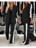 Striped Blazer and Pants Set Women 2pcs Side Button Business Casual Suit with Pockets Office Wear S-XL