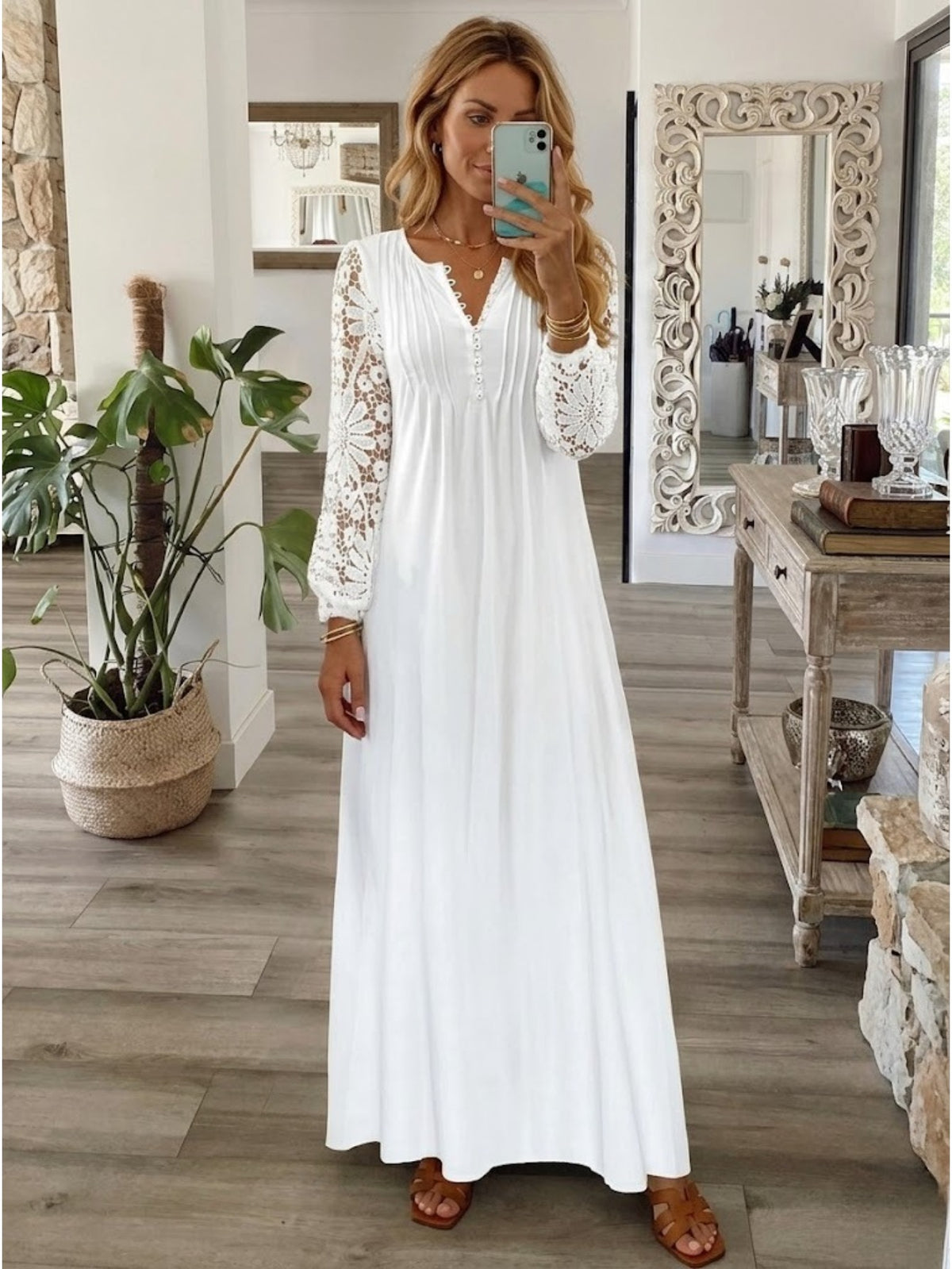 Women's Bohemian White Lace Long Dress V-Neck Long Sleeve High Waist A-Line Flowing Hem Romantic Date Beach Dress
