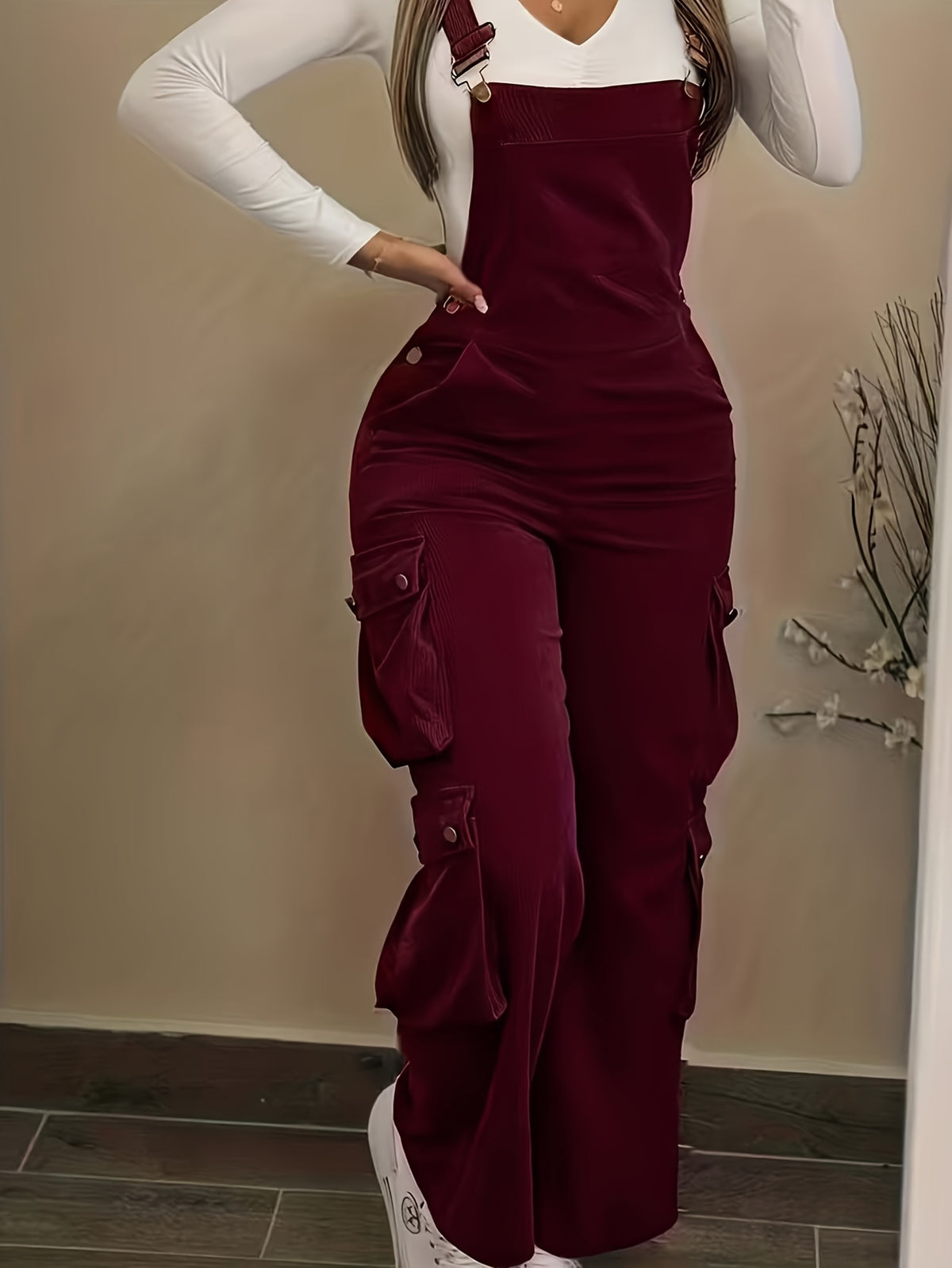 Corduroy Wide Leg Overalls Women Cargo Jumpsuit Belted Waist Collared Neck Casual Work All Season Washable Denim Look