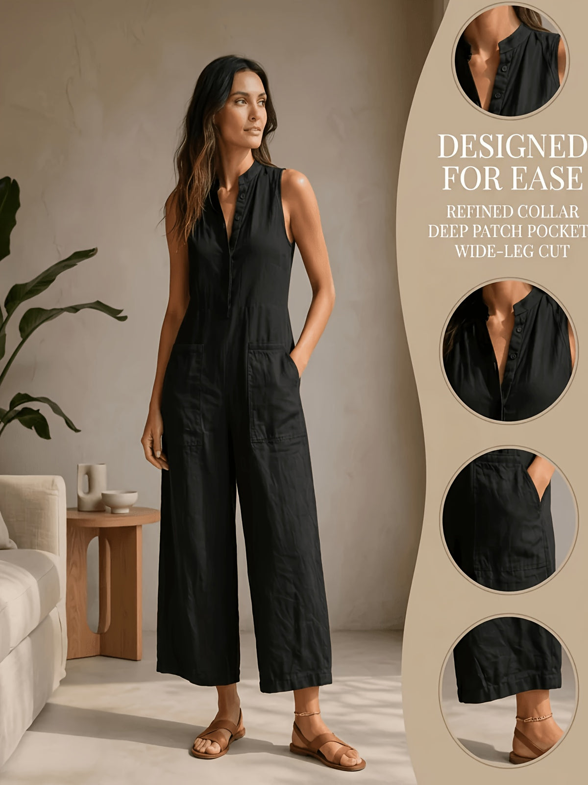 Black Sleeveless Wide Leg Jumpsuit for Women, Elegant Minimalist Stand Collar Linen Texture Loose One Piece, Spring Summer Commute Casual High End Lazy Style Romper