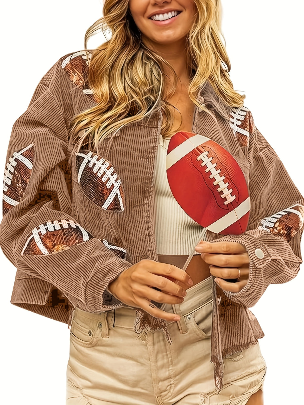 Football Sequin Cropped Corduroy Jacket Women Vintage Shacket Lapel Pockets Long Sleeve Game Day Campus Party Loose Fit