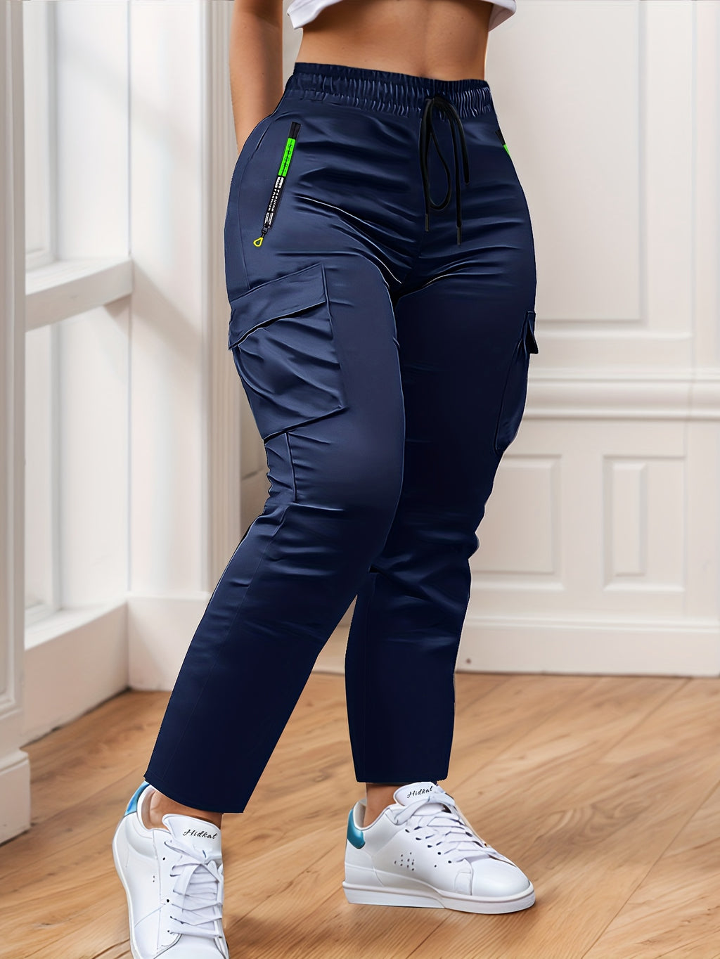 Women Cargo Pants Multi-Pocket Neon Green Zipper Drawstring Waist Full Length Outdoor Travel Trousers Spring Fall Casual