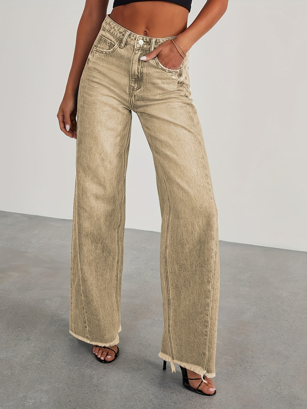 High-Waisted Wide Leg Jeans for Women - Casual Baggy Stretch Denim Pants with Pockets, Relaxed Fit Solid Color Trousers for Everyday & Weekend Wear
