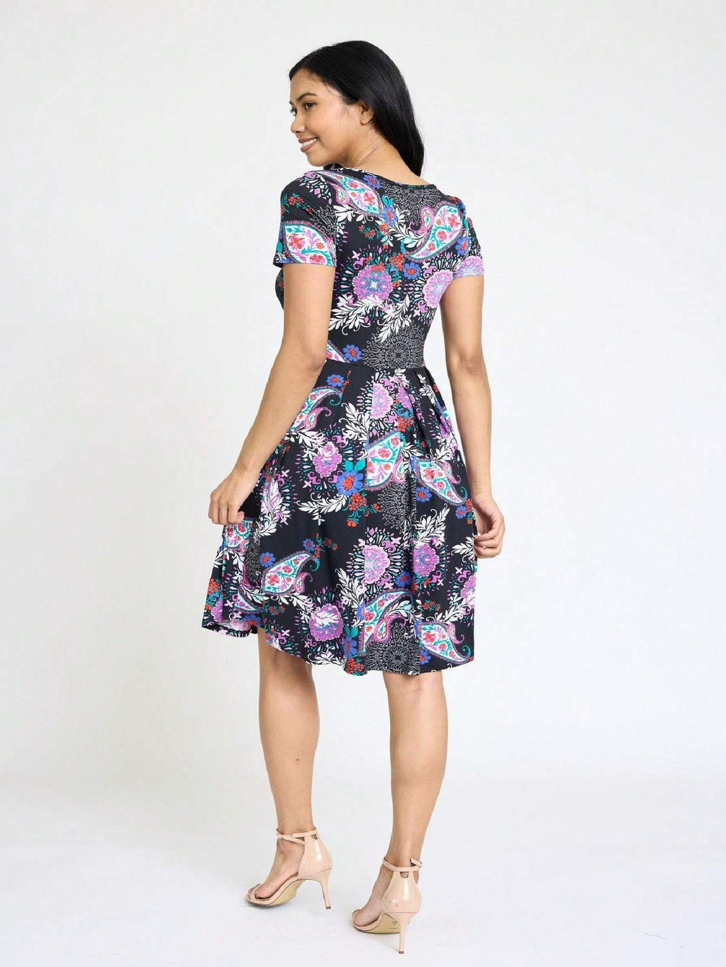Paisley Floral Swing Dress Women Chevron Stripe Patchwork Pleated Square Neck Elastic Waist Midi Casual Plus Size S-3X
