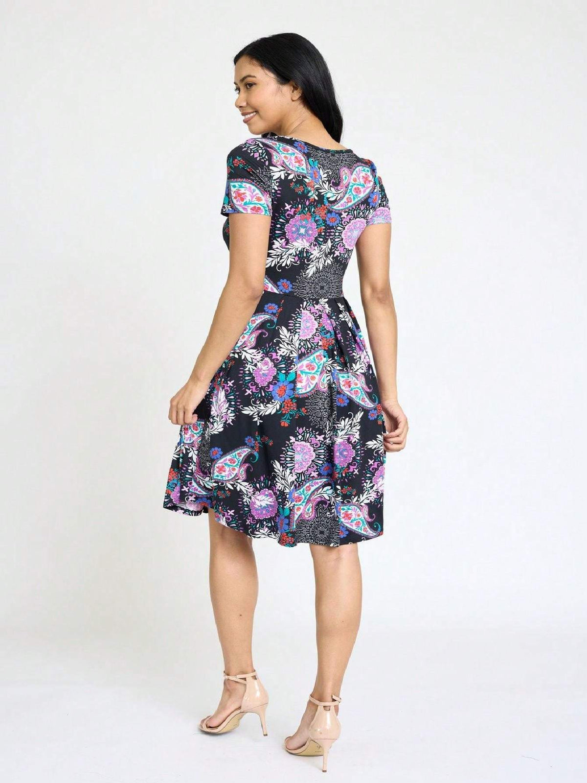 Paisley Floral Swing Dress Women Chevron Stripe Patchwork Pleated Square Neck Elastic Waist Midi Casual Plus Size S-3X