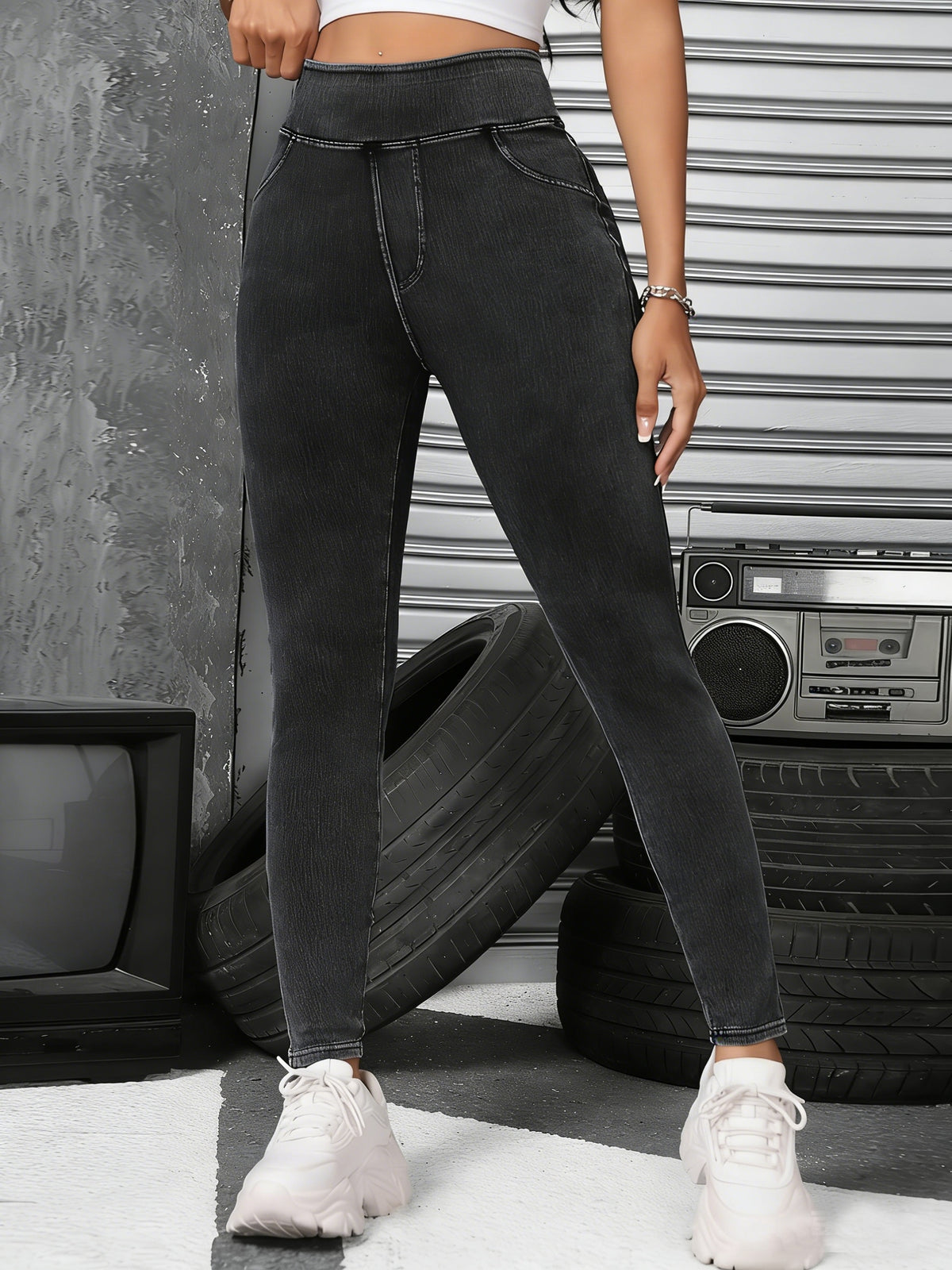 High Waist Tummy Control Jeggings Women Pull On Stretch Skinny Jean Leggings Denim Pants Black Navy Sky Blue S-XL