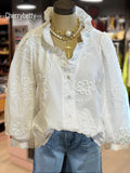 3D Flower Embroidered Puff Sleeve Blouse Women Ruffle Neck Elegant Top | Chic Party Shirt Summer Easter St. Patrick's Day Outfit White Pink S-XXL