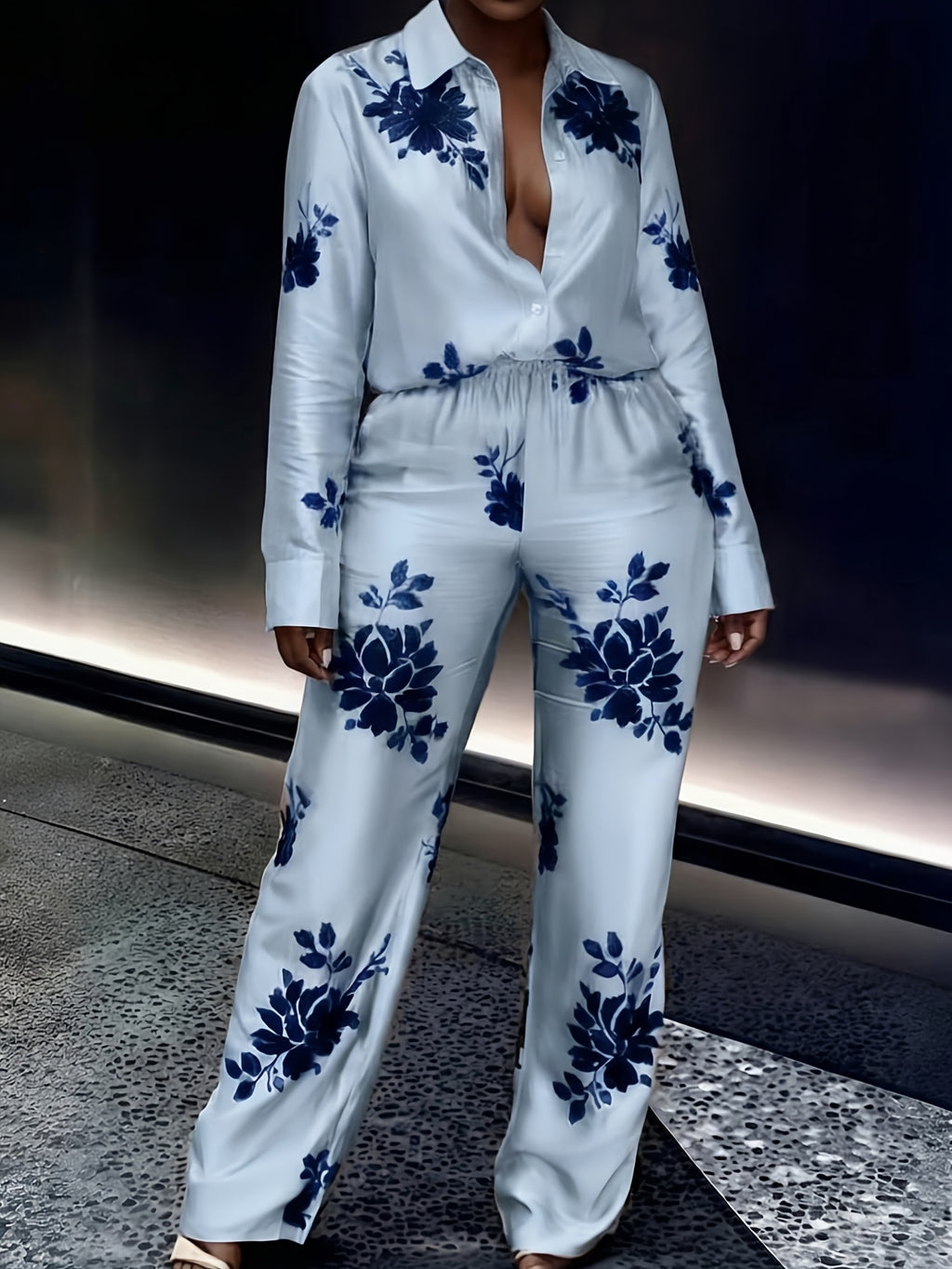 Women's 2 Piece Set Printed Long Sleeve Top & Wide Leg Pants Retro Socialite Style Evening Party Casual Matching Outfit