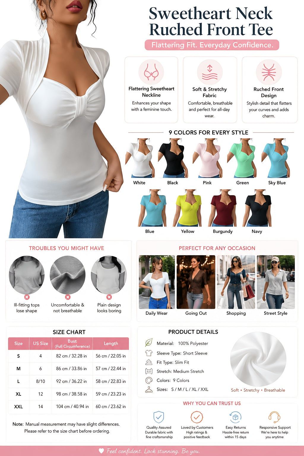 Sweetheart Neck Ruched Front T-Shirt Women Short Sleeve Slim Fit Stretch Tee Solid Color Fitted Casual Top Daily Work Travel Streetwear S-XXL