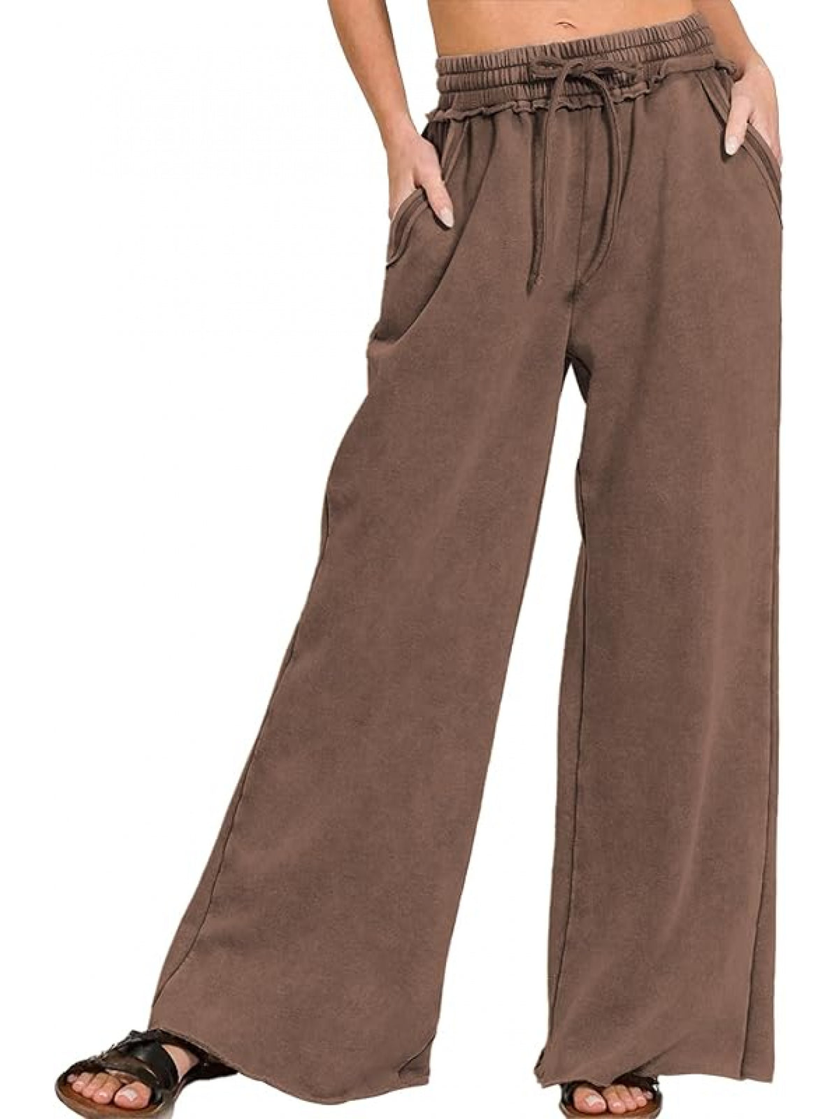 Acid Wash Palazzo Sweatpants Women High Waist Drawstring Wide Leg Pants Pockets Black Blue Sage Green