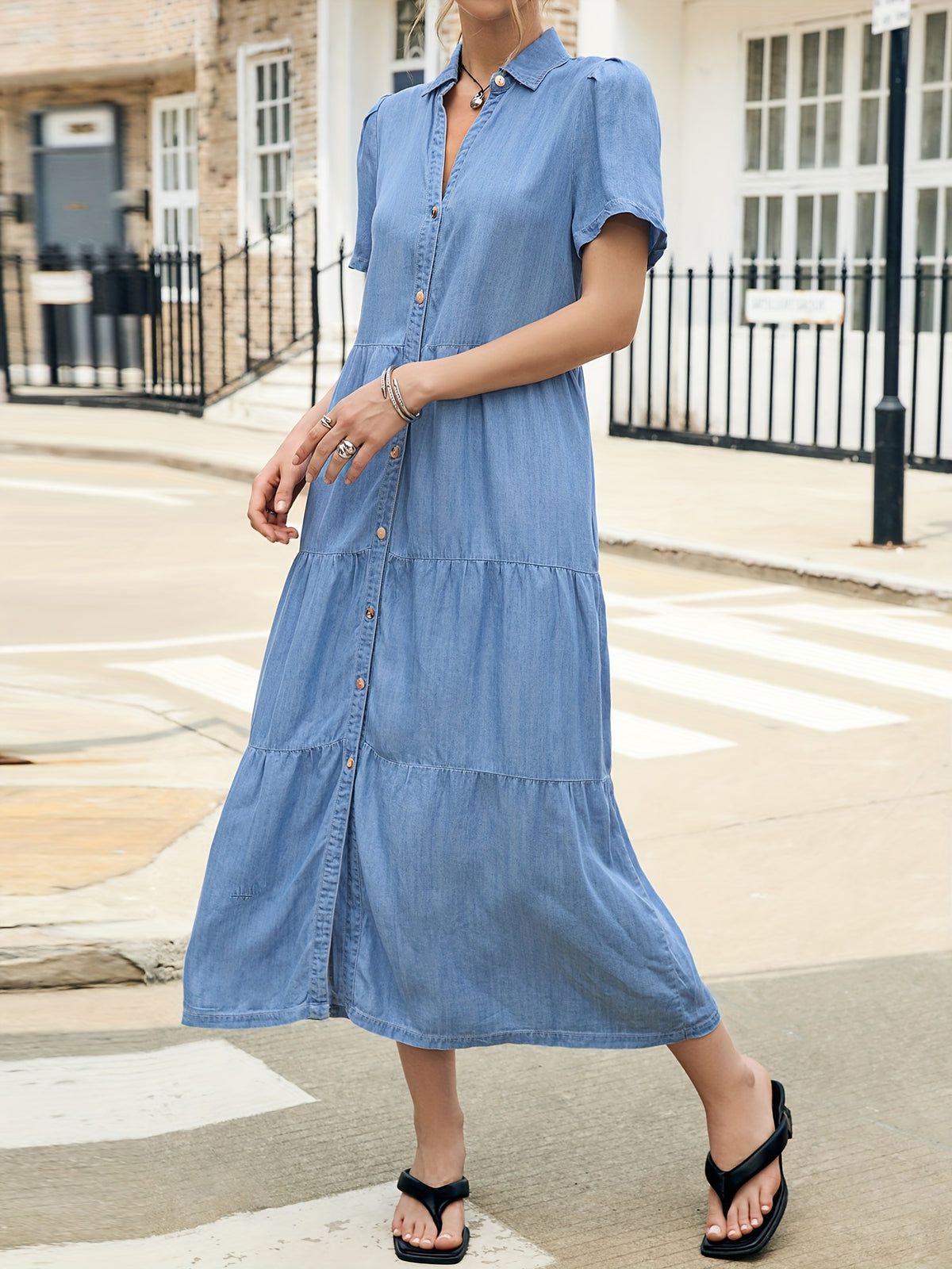 Lyocell Tiered Ruffle Hem Denim Dress Women V-Neck Short Sleeve Maxi Floor-Length Light Blue Casual Vacation All-Season Regular Fit