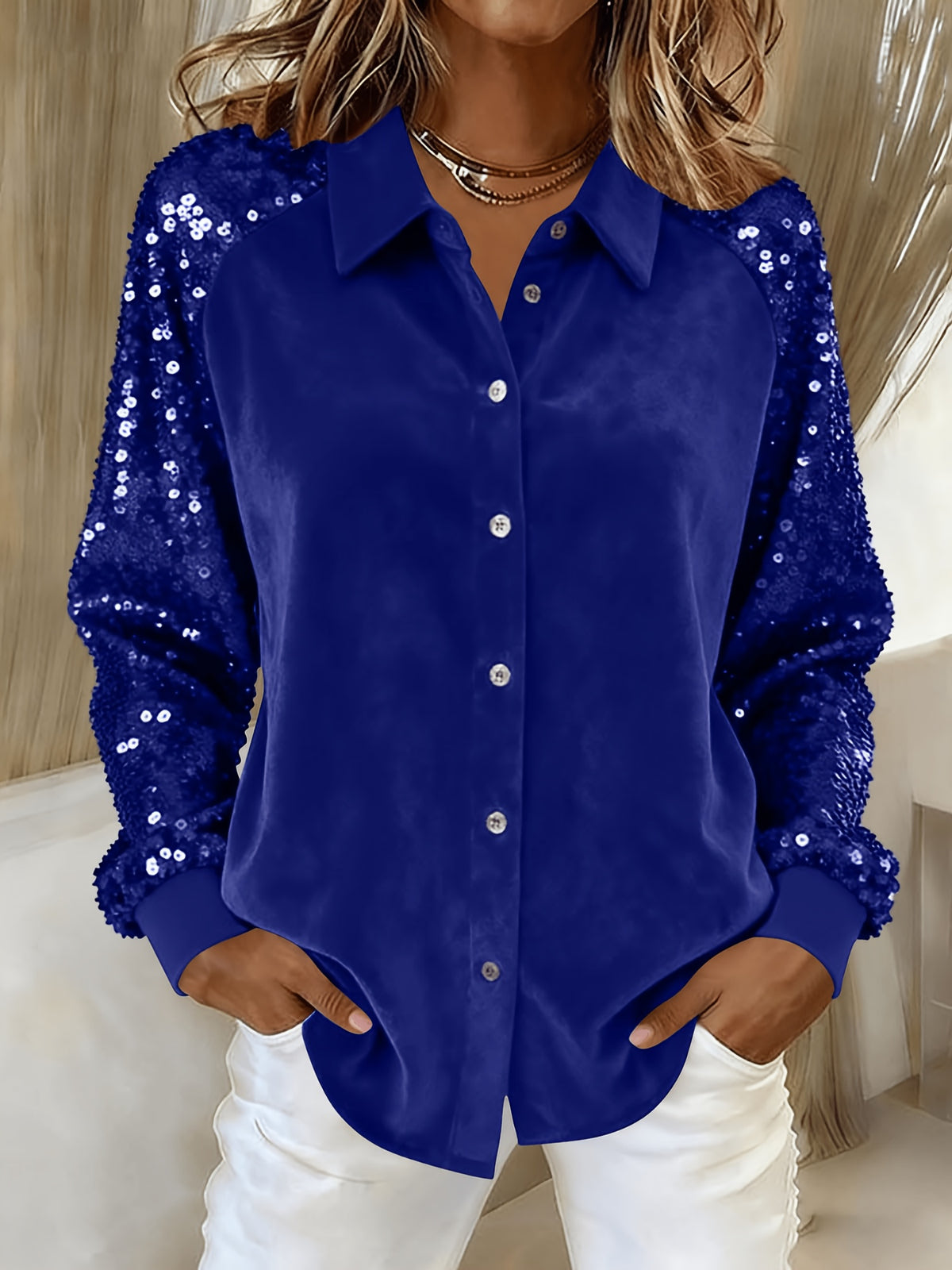 Sequin Sleeve Velvet Top Women Lapel Collar Long Sleeve Patchwork Loose Shirt Chic Solid Color Spring S-XL
