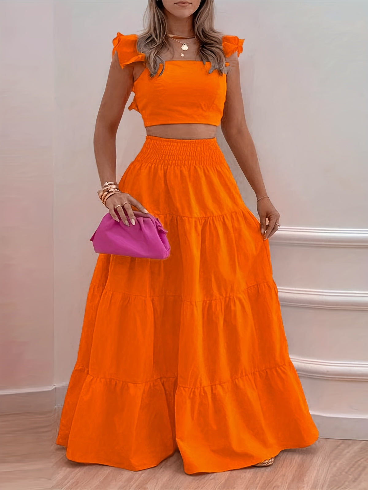 Off Shoulder Ruffle Top and Maxi Skirt 2 Piece Set for Women – Lettuce Trim Sleeveless Fashion Outfit, Spring Summer, Sizes S-XXL