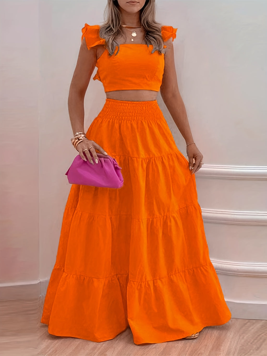 Off Shoulder Ruffle Top and Maxi Skirt 2 Piece Set for Women – Lettuce Trim Sleeveless Fashion Outfit, Spring Summer, Sizes S-XXL