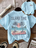 Hawaiian Floral T-Shirt Women White Blue Geometric Print - Casual Crew Neck Short Sleeve Summer Vacation Beach Tee, Comfortable Stretch Fabric, Island Vibes