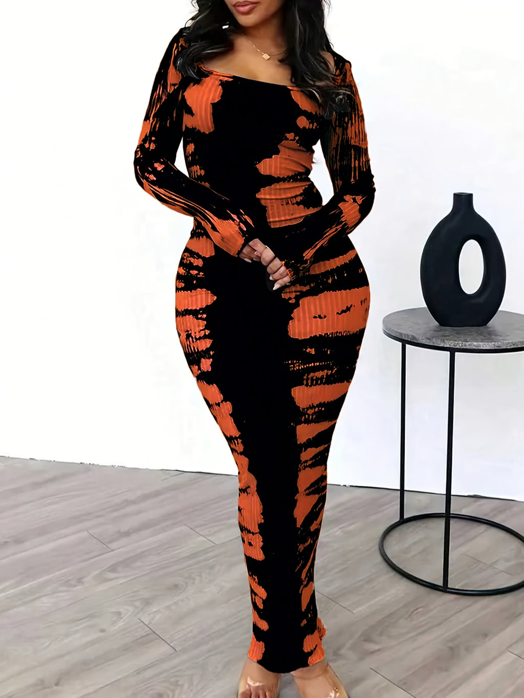Tie-Dye Bodycon Maxi Dress Women Long Sleeve Ankle Length Contrasting Print Figure-Hugging Sexy Elegant Long Dress