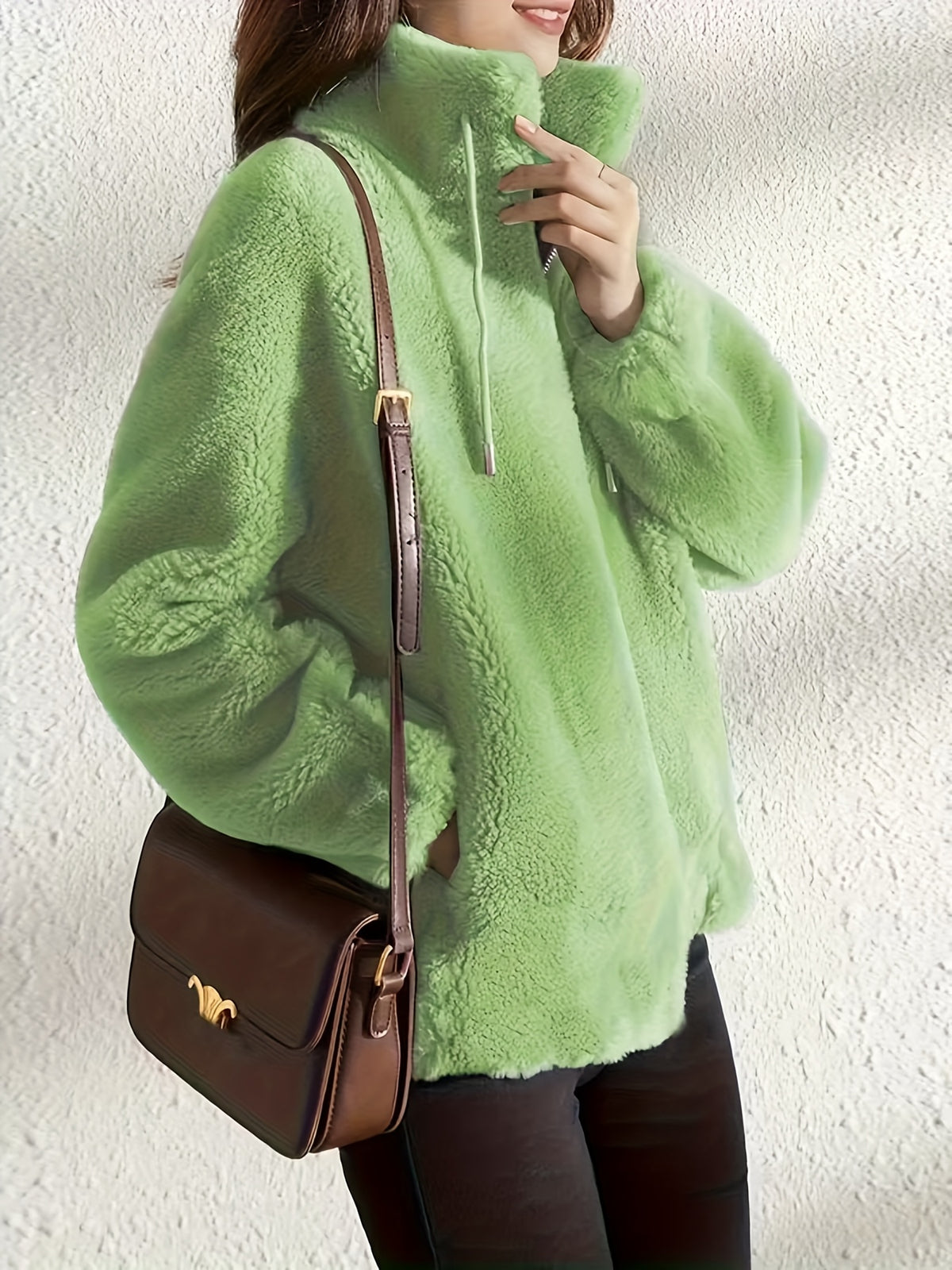 Plush Hooded Zip-Up Jacket for Women Solid Color Fuzzy Sherpa Coat Warm Winter Casual Daily