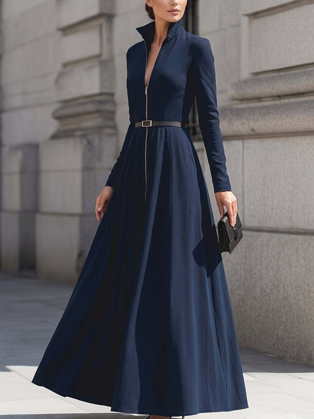 Elegant Mermaid Flared Dress for Women Long Sleeve Lapel Waist Cinching Belt Zipper Formal Evening Dress Autumn Party Dinner Wedding Guest