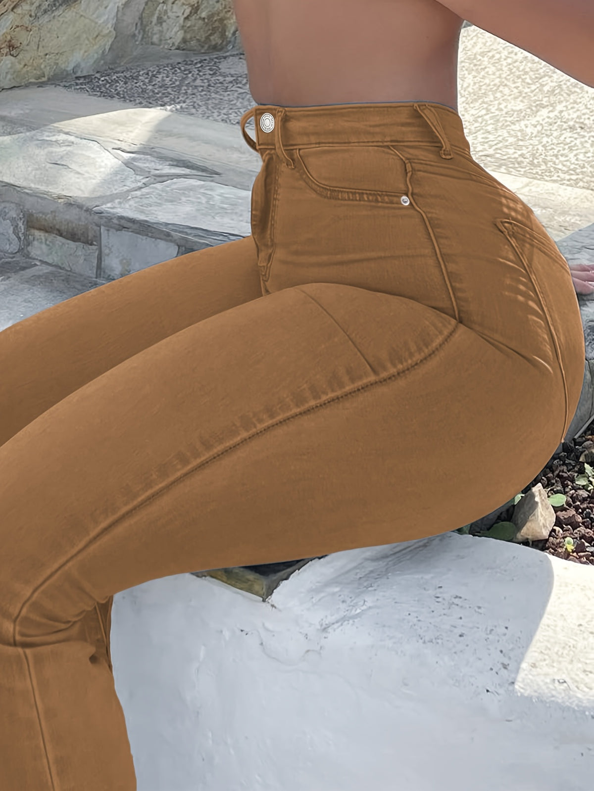 High Waist Stretch Flare Jeans Women Wide Leg Pants with Pockets – Solid Color Street Style, All-Season Comfortable Denim, Machine Washable