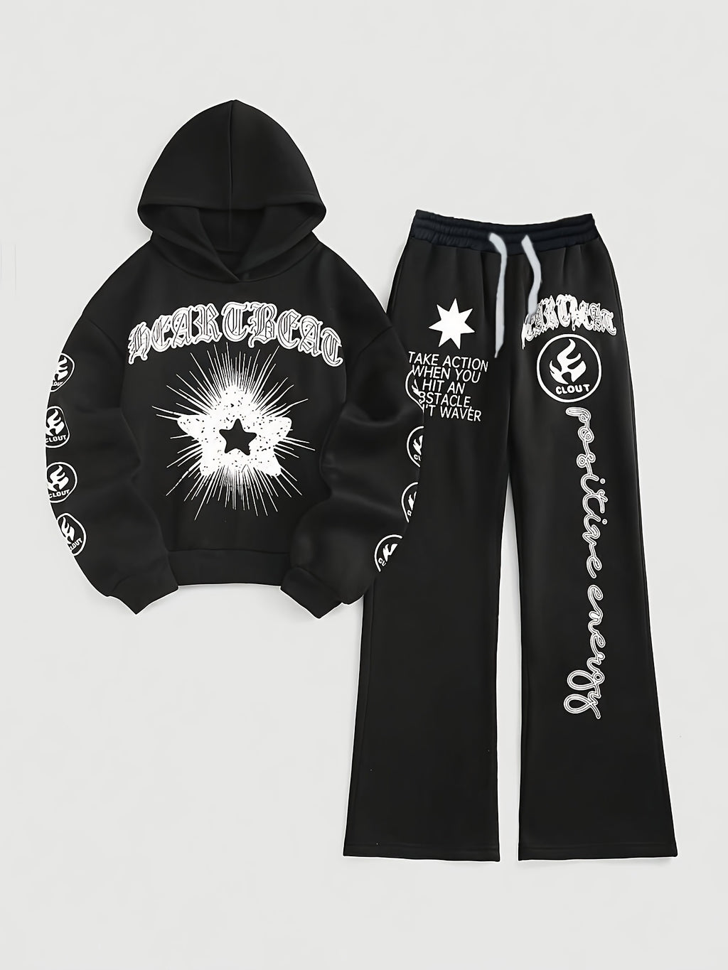 Hoodie Sweatpants Set Women Focused Growth Print Pullover Tracksuit 95% Polyester 250g Lace-Up Detail Casual Jogger Lounge Set S-XXL