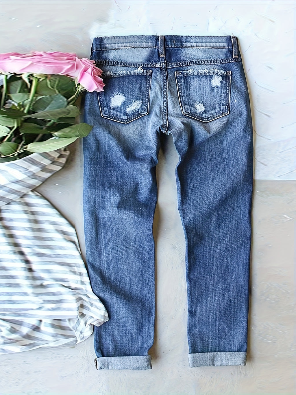 Halloween Patch Ripped Straight Leg Jeans Women Personalized Streetwear Distressed Denim Pants Trendy Casual Fall